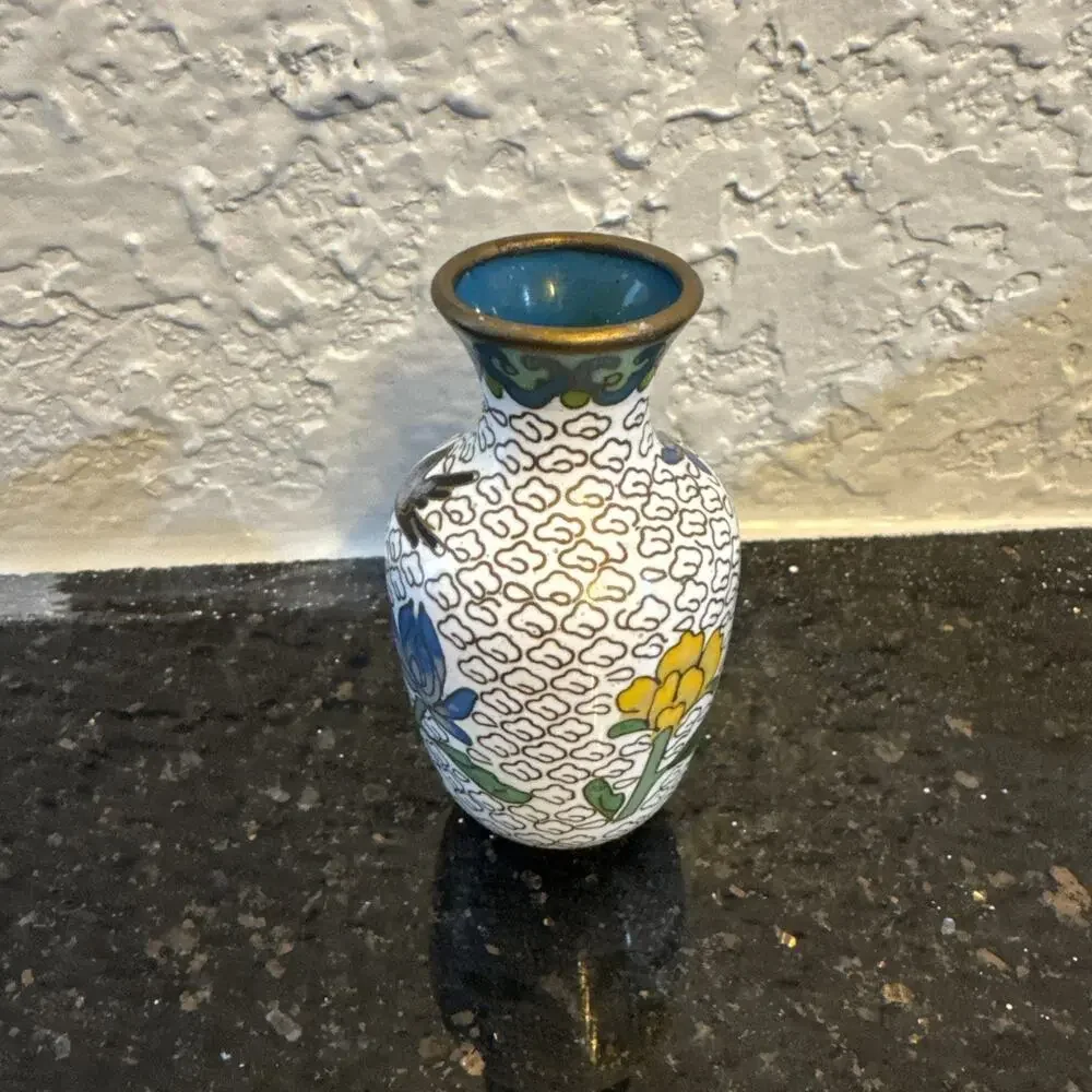 VTG Chinese Cloisonné Floral Bird Enamel Brass Mini Vase White Purple Yellow